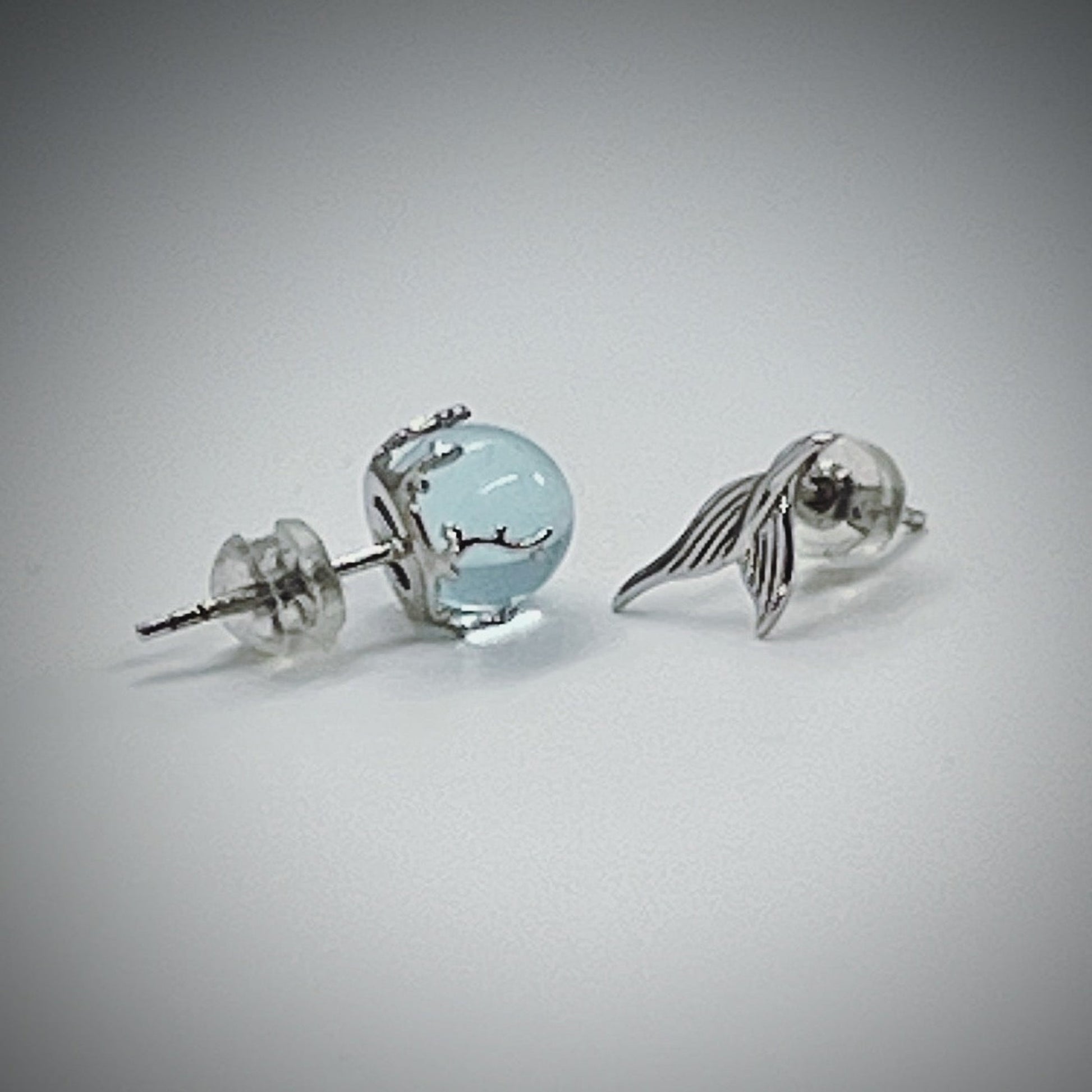 Blue Ball and Mermaid Tail Asymmetric Stud Earrings Sterling Silver 925