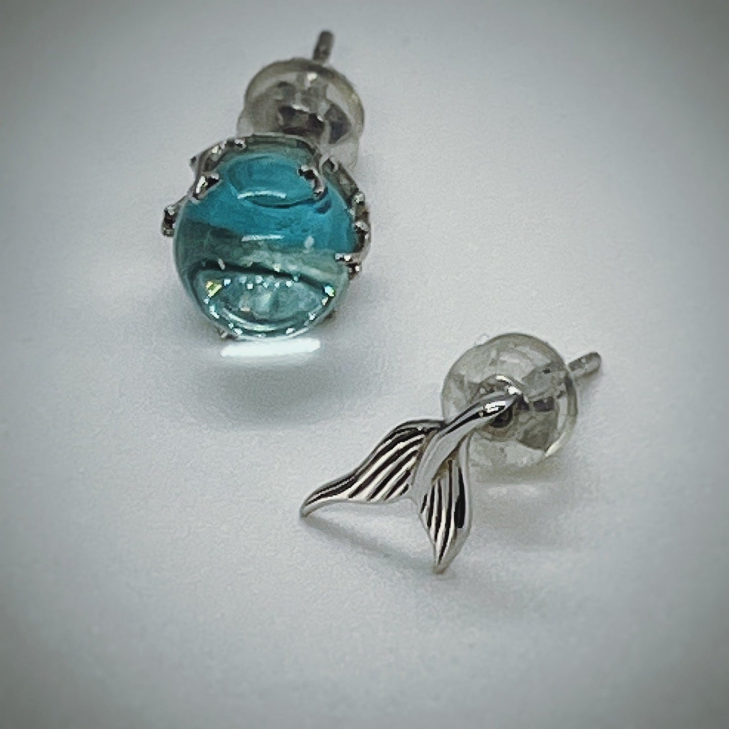 Blue Ball and Mermaid Tail Asymmetric Stud Earrings Sterling Silver 925