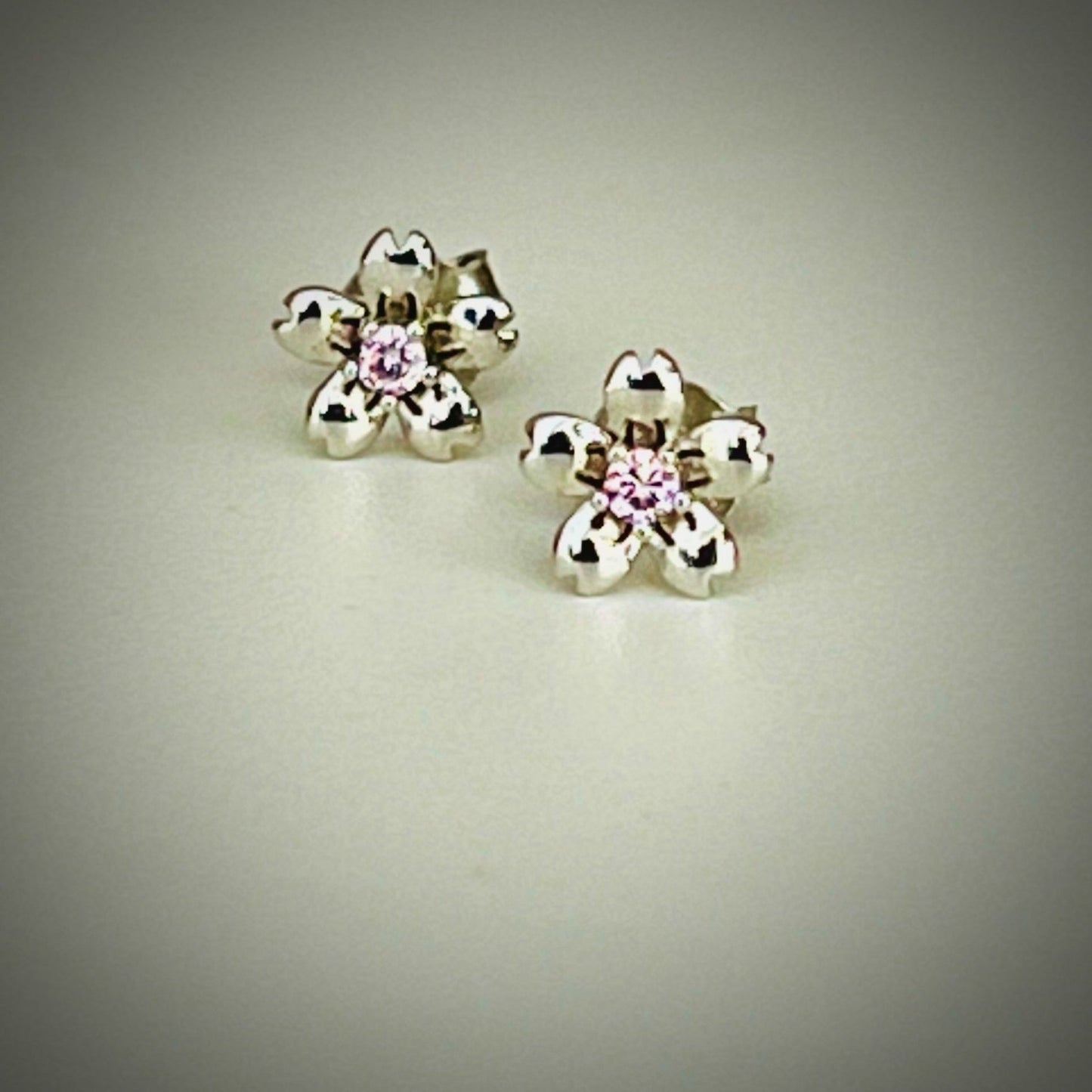 Pink Flower Stud Earrings Sterling Silver  925