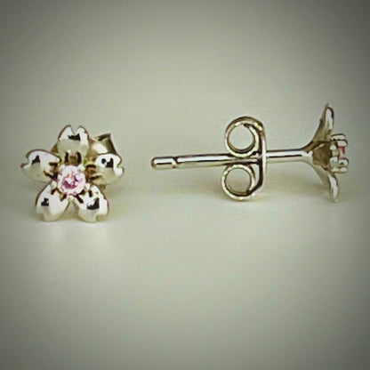 Pink Flower Stud Earrings Sterling Silver  925