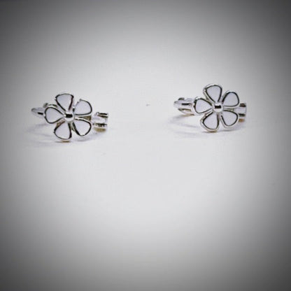 White Flower Hoop Huggie Earrings Sterling Silver 925